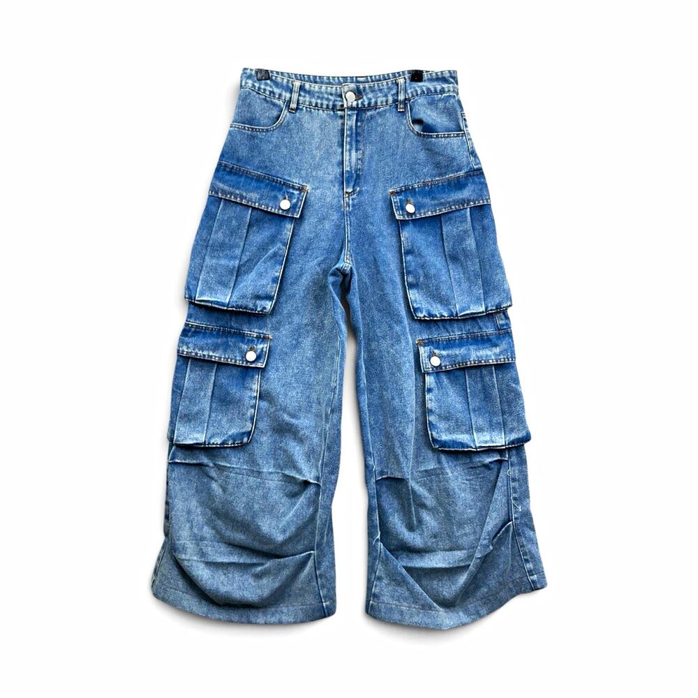 HYFVE Men's Blue Denim Cargo Pocket Wide-Leg Jeans Relaxed Fit Medium Wash